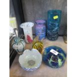 Seven pieces of Mdina Malta glass, including vases, a bowl, paperweights, and a scent bottle