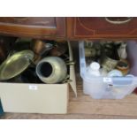 Various copper kitchenwares, including saucepans, other brass wares, stoneware bottles, and a tea