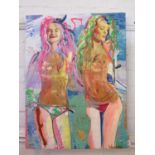 Wondra Two girls in bikinis mixed media on canvas signed 101 x 76 cm