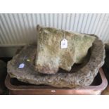 Three rustic form concrete troughs, circular 51 cm diameter, triangular 48 cm, rectangular 80 cm (3)