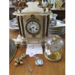 A late Victorian alabaster mantel clock, with French movement striking on a gong, 37 cm high, a