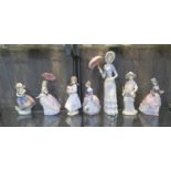 Seven Lladro Figures, including three holding parasols, largest 32 cm high (7)