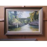 S.J. Andrews Bridge over a river oil on board signed and dated 1981 39 x 59 cm