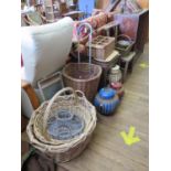 Various wicker baskets, a washboard, a piano stool and a church chair