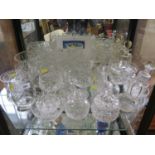 Various cut glass wares, including jam jars, vases, fruit bowls and condiment bottles