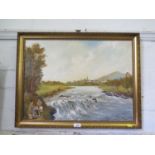 William Byrnes Fishing on the River Shannon near Killaloe oil on board signed, inscribed on the