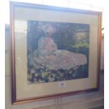 R Leeper Lady with bonnet seated reading a book in the garden Oil on card signed and dated '93 24.