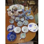 Various Delft pottery tea wares, windmills and figures, other blue and white wares, three meat