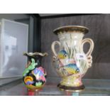 An H. Bequet Quaregnon Belgium hand painted lustre vase with fish design, 20 cm high and a smaller