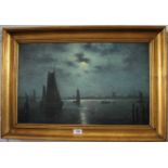 A.H. Fasneau Sailing vessels approach harbour by moonlight, windmills beyond oil on canvas signed 37