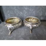 Two Victorian open silver salts on three hoof feet