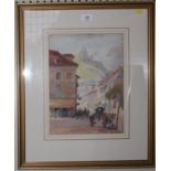 George Soper French street scene with ruin beyond pencil and watercolour stamped on the reverse