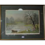 After Helen Bradley Figures by a lake with a rowing boat print signed in pencil Fine Art Trade Guild
