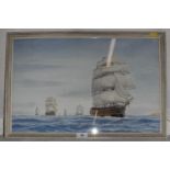 F.P. Cheverton Royal Navy ships in full sail near a coast watercolour signed, 33 x 51 cm