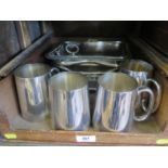 Four silver plated tankards, a tureen and cover, a galleried tray and three salvers