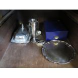 A silver plated three piece tea service, two pewter tankards, a silver trinket box, a 1951 Crown (
