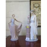 A Lladro figure of a lady beside a vase of flowers, 33 cm high, and another of a lady dancing, 30 cm