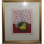 Reid Scott Study of a decanter and bowl containing a pear and lemon mixed media signed 23 x 18 cm