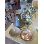 Various brass and copper wares, including candlesticks, pot pourri cushion, Indian knives and a