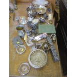 Various silver plate, including candleholders, tea spoons, serving dishes, cigarette box and rose