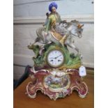 A 19th century French porcelain clock, depicting a Turk on horseback hunting a leopard, over an