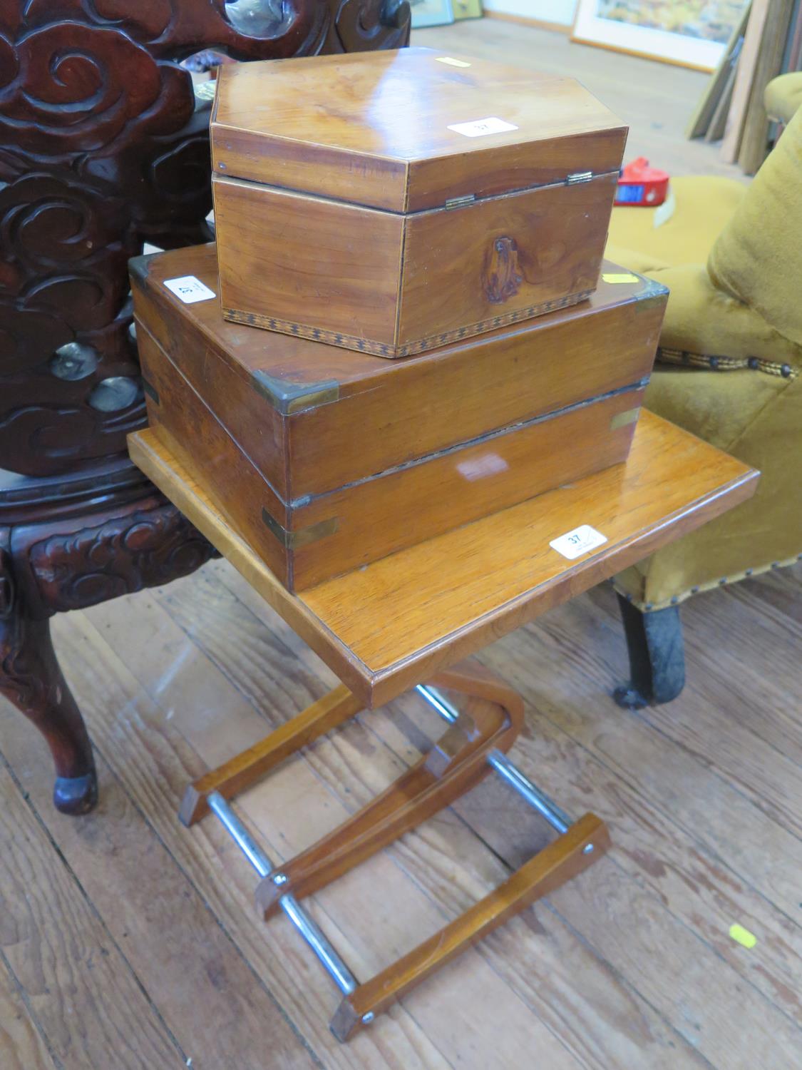 A 19th century chequerbanded fruitwood octagonal box, 28 cm wide, a brass bound writing box, and a