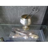 A silver cigarette case, a small collection of silver cutlery, a Yard-O-Lead pencil, a silver brandy