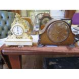 A 19th century French alabaster mantel timepiece clock with gilt-metal mounts and enamel dial, 28 cm