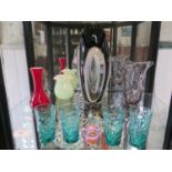 Glassware including black, white and clear ovoid vase 35cm, set of four turquoise Whitefriars-