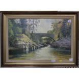 S.J. Andrews Bridge over a river oil on board signed and dated 1981 39 x 59 cm Tom Campbell Loch