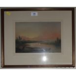 19th Century English School Figures by a river at dawn watercolour 18 x 27 cm