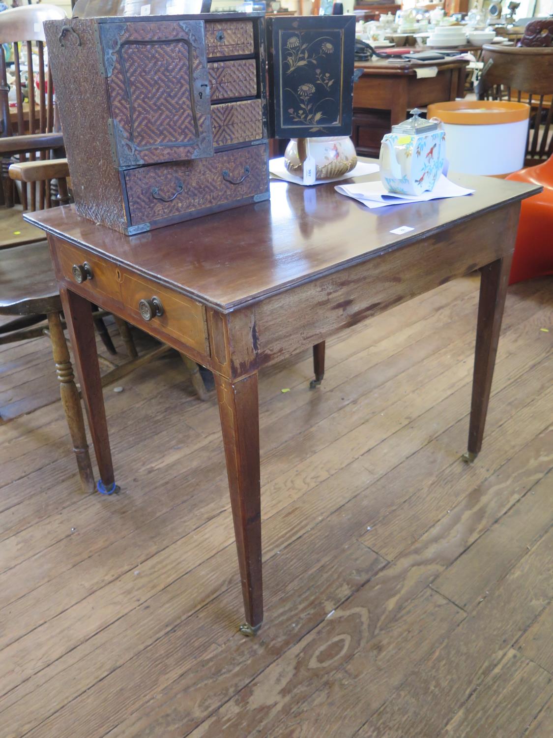 A boxwood lined mahogany side table, converted from a 19th century Pembroke table, with single