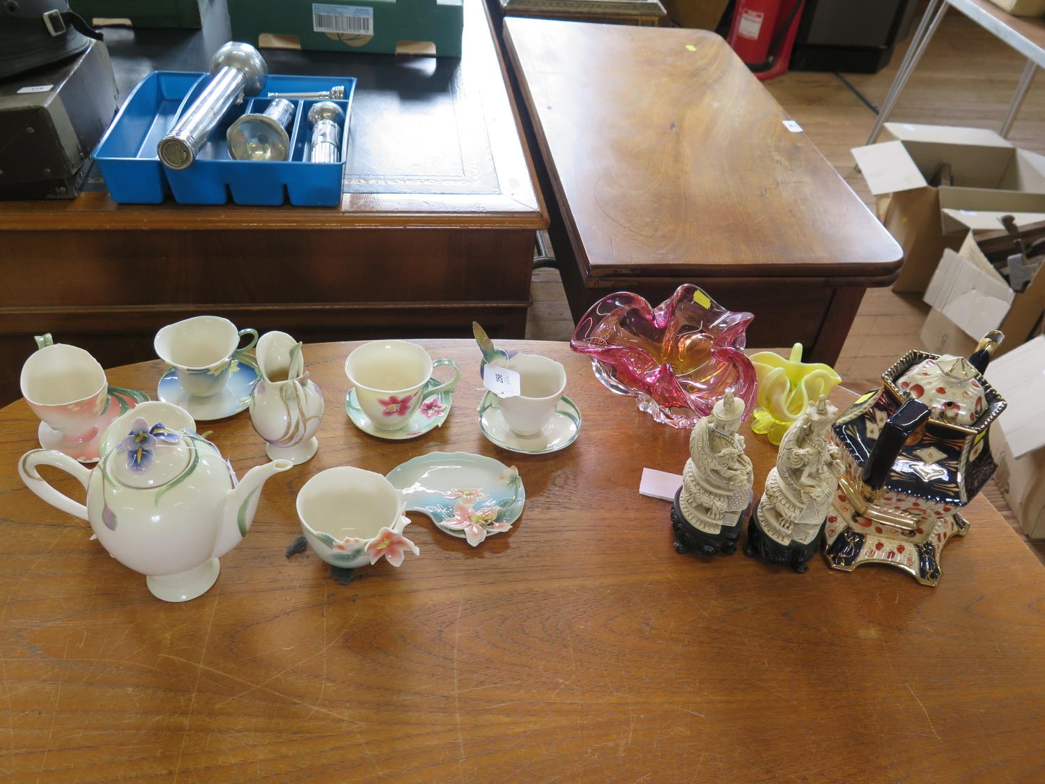 Six various Franz tea cups and saucers, teapot and cream jug