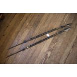 Two double headed spears, possibly African, with spiral turned wood shafts, 135 cm long (2)