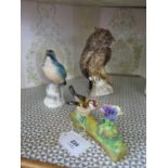A Goebel model of a screech owl, c1969, a Katschute kingfisher and a Crown Staffordshire T.L.