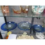 Two James Powell & Son (Whitefriars) glass fine ribbon trail bowl, in sea green with blue trail,