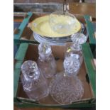 Four glass decanters, a cut glass fruit bowl and six meat plates, including two Victorian blue and