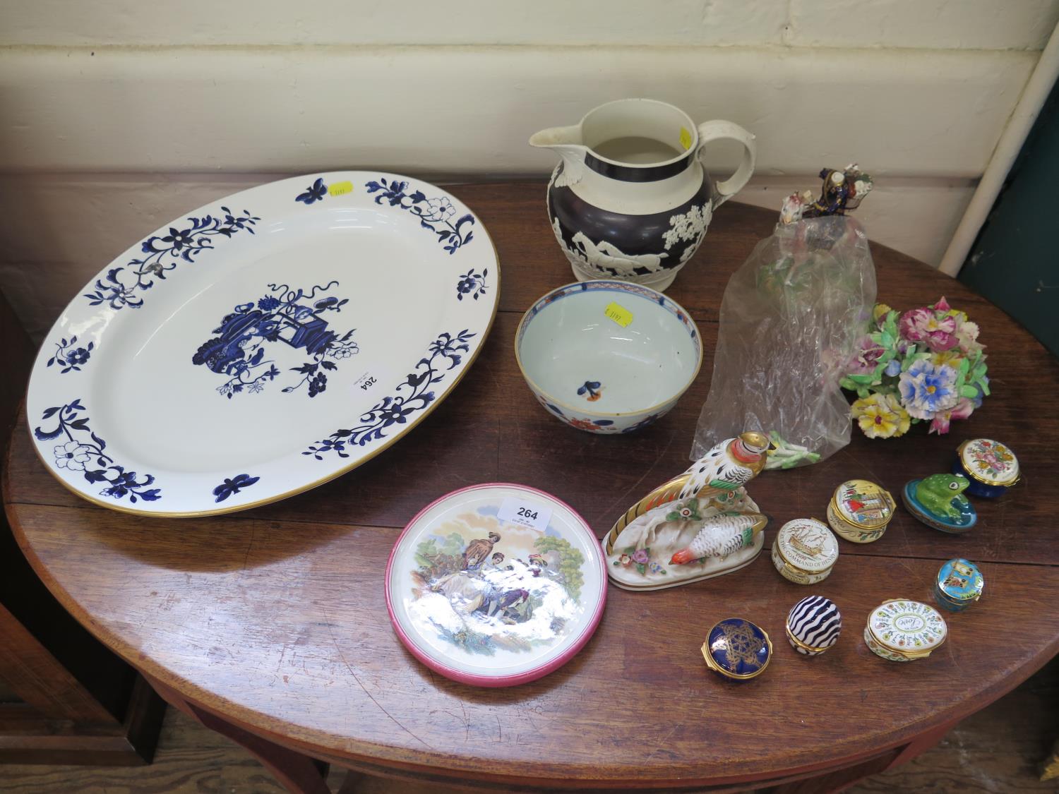 A Copeland Spode Blue Bowpot meatplate, a Derby figure on a goat (parts missing - as found), eight