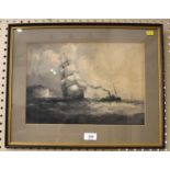 Adolphus Knell Ship at full sail with tug by white cliffs monochrome watercolour signed 26.5 x 37.