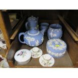 Wedgwood jasperware tea and coffee pots with Classical figures, other similar jasperwares, two