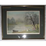 After Helen Bradley Figures by a lake with a rowing boat print signed in pencil Fine Art Trade Guild