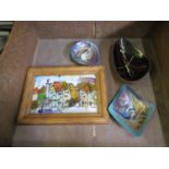 A small enamel picture of a town together with three small enamel dishes