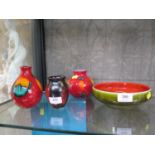 Two Volcano pattern Poole Pottery vases, another, and a Poole Pottery bowl, 18 cm diameter (4)