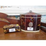 A 19th century tortoiseshell tea caddy, inset with ivory and monogrammed, with two compartments,