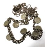 A silver pocket watch Albert set with coins together with a fine silver neckchain