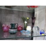 Assortment of nine pieces of coloured glass vases, paperweights, etc