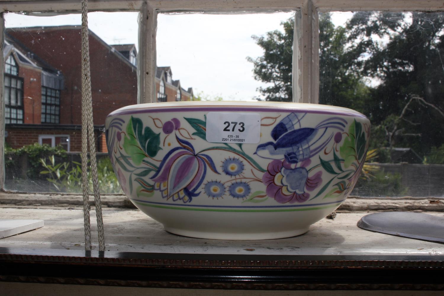 A Poole Pottery traditional swallow floral bowl, hand decorated 24 cm diameter, circa 1952-55