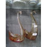 Two James Powell & Son (Whitefriars) swan form dishes, in amber, 28 and 25 cm high (2)