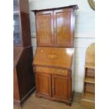 An Edwardian inlaid mahogany and satinwood crossbanded small bureau bookcase, the foliate scroll