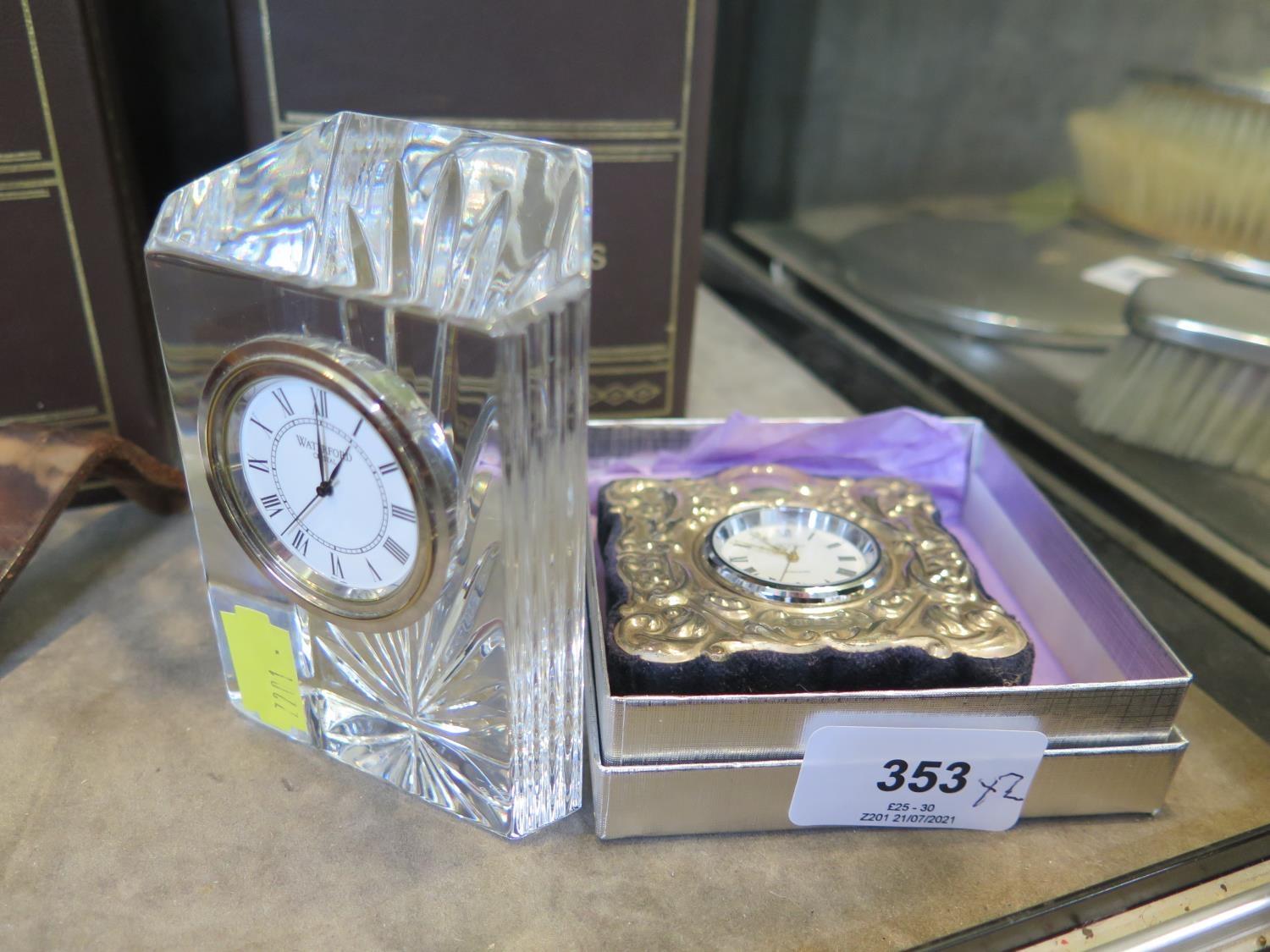 A Carrs of Sheffield silver bedside clock, 2000, and a Wedgwood crystal clock and another silver - Image 2 of 2